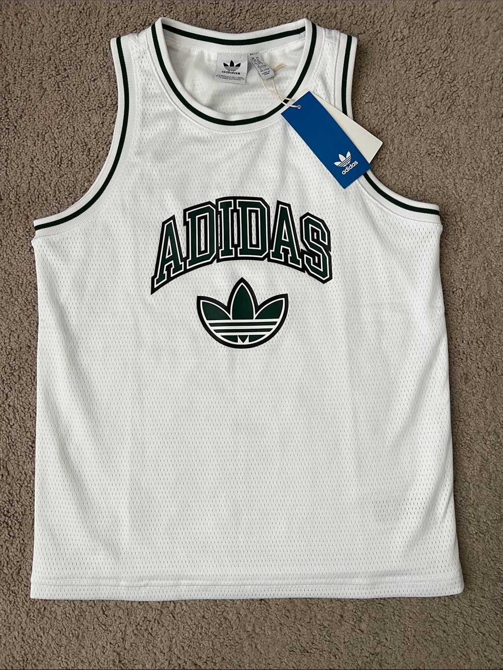 adidas White Mesh Basketball Jersey with Green Trim
